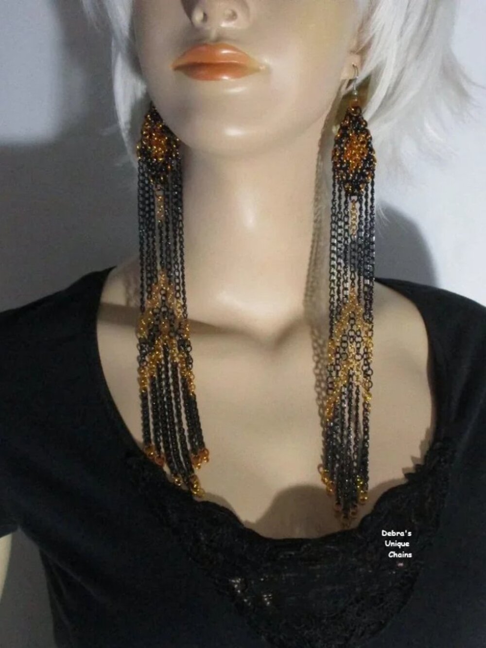 Black & Orange Long 10" Links Halloween Chains Shoulder Earrings Witch Spooky